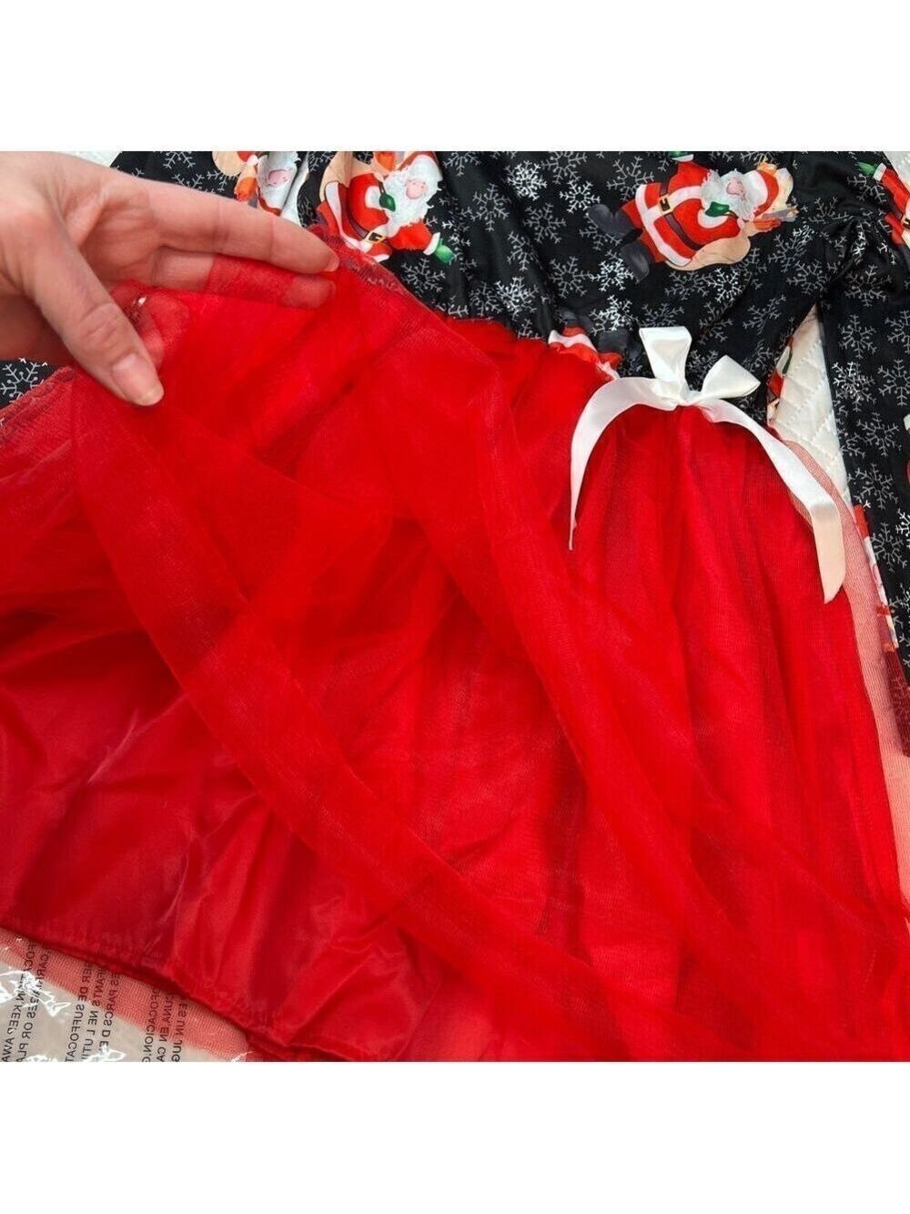 Santa Claus Christmas Dress NEW sz 8 10 Tulle Long Sleeve Snowflakes Black Red - Picture 5 of 8